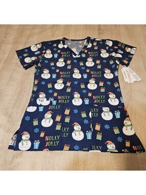 Scrubaid Womens Size S 6-8 Tapered Fit Four Way Stretch Scrub Top New Snowman